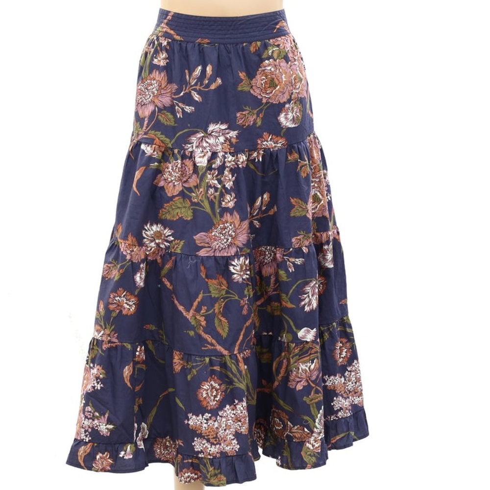 Love The Label Anthropologie Floral Print Ruffle Midi Skirt Purple Pink M